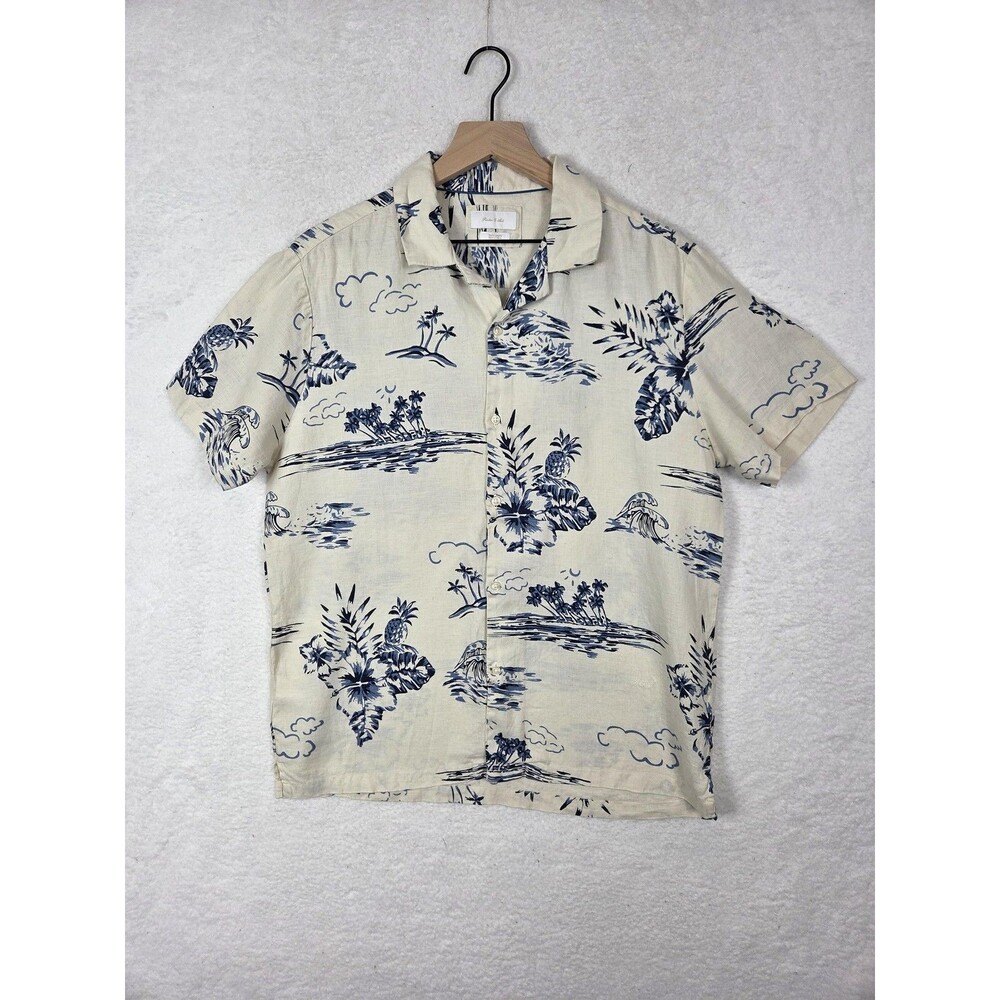 Mens Hawaiian Linen Shirt‎ L White Tropical Button Up Resort Boat Beach Coastal